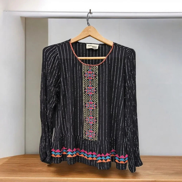 Savanna Jane Black Metallic Silver Peplum Blouse Embroidered Floral Small Boho - Picture 1 of 8